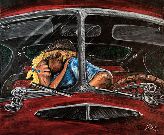 Artistic depiction of a young couple  inside a car "parking" after midnight on Emerald Lane