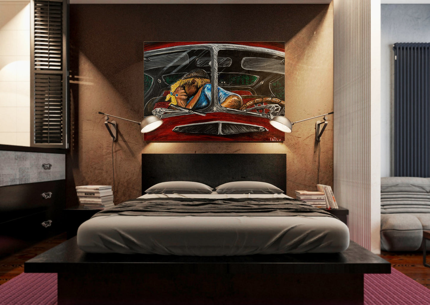 Modern bedroom with a bed, artwork on the wall, and a sofa. Emerald Forest painting by Doug LaRue