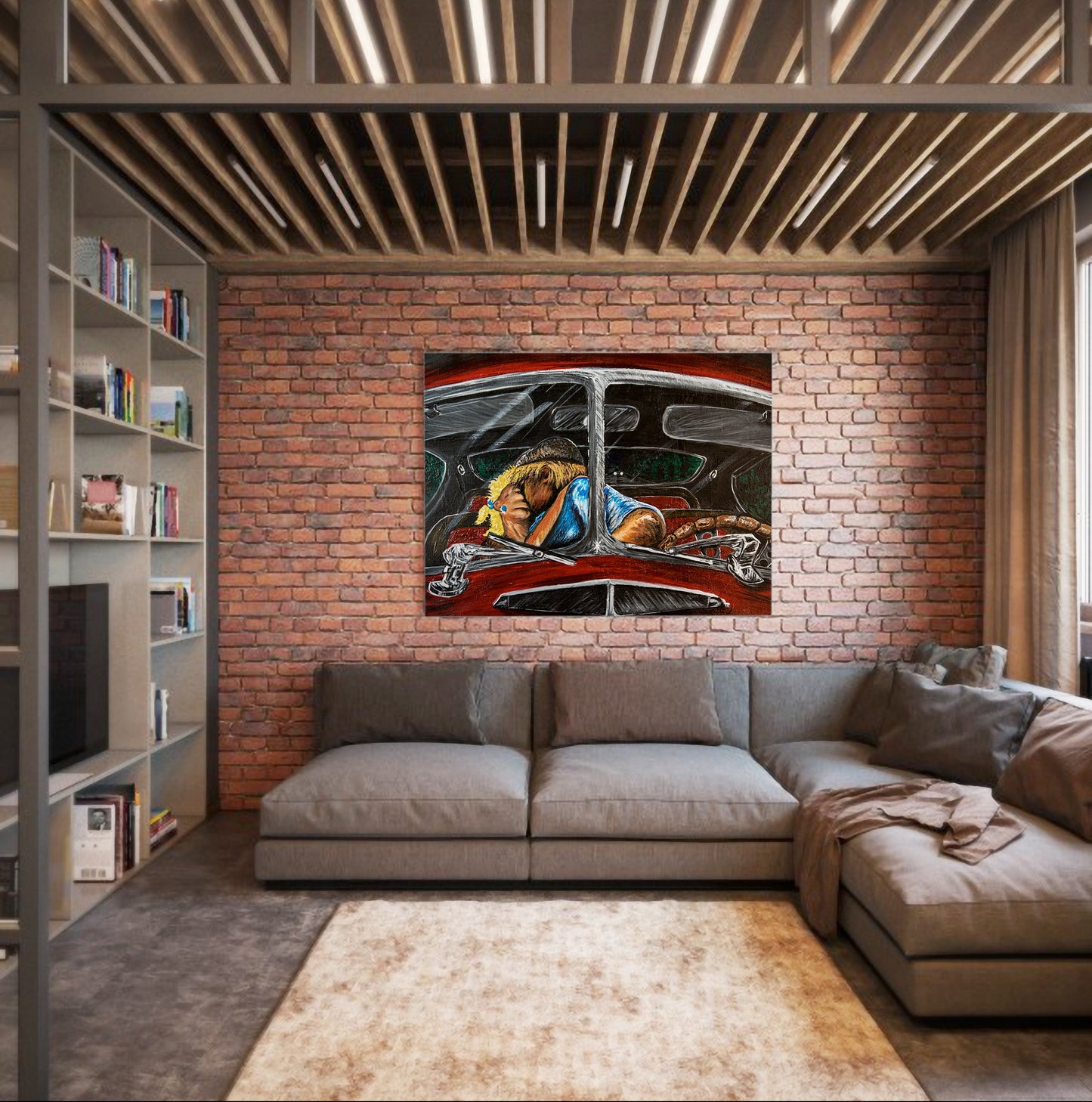 Modern living room with gray sectional sofa, brick wall, and abstract painting. Emerald Forest painting by Doug LaRue