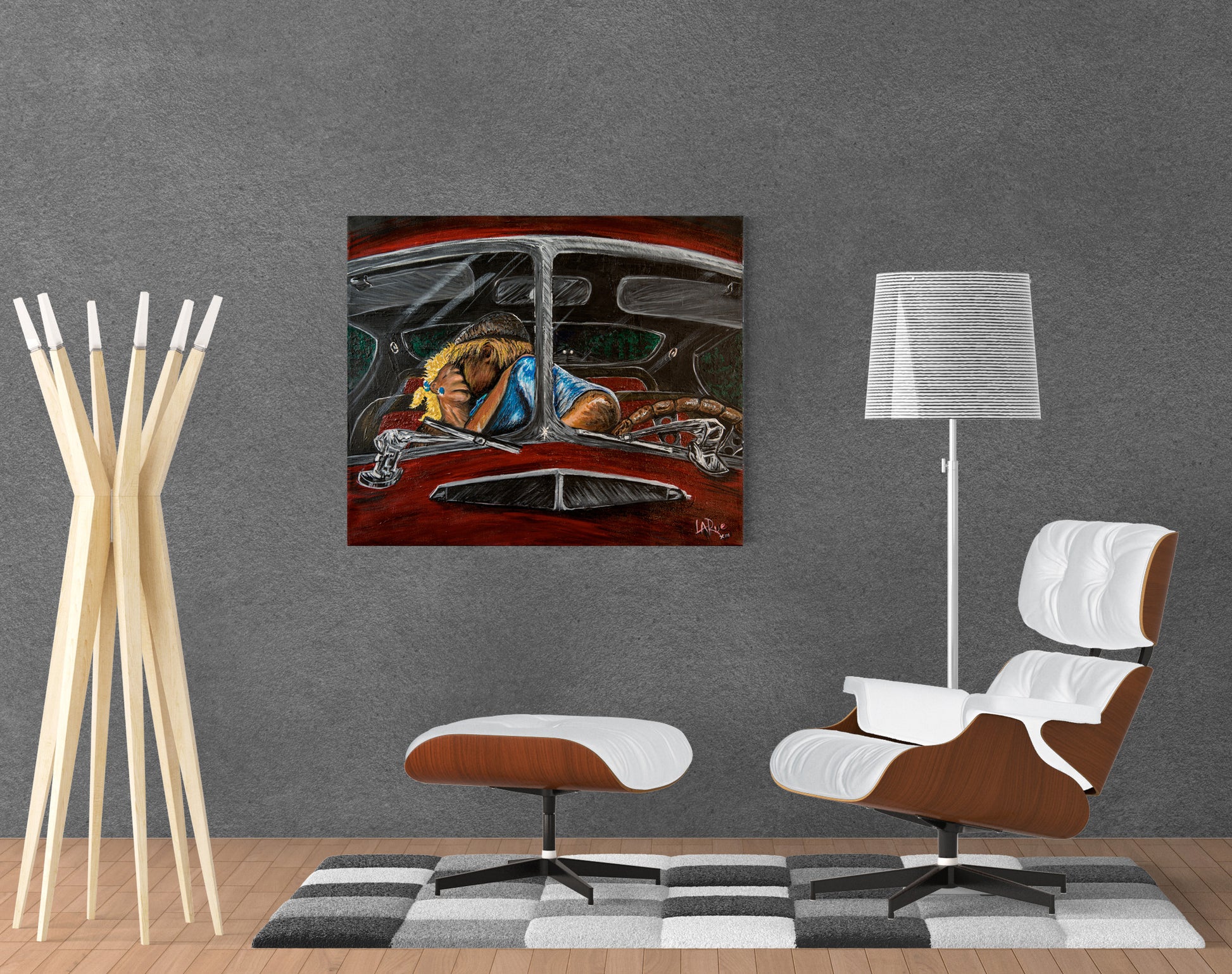 Modern interior with a chair, ottoman, lamp, and artwork on the wall. Emerald Forest painting by Doug LaRue