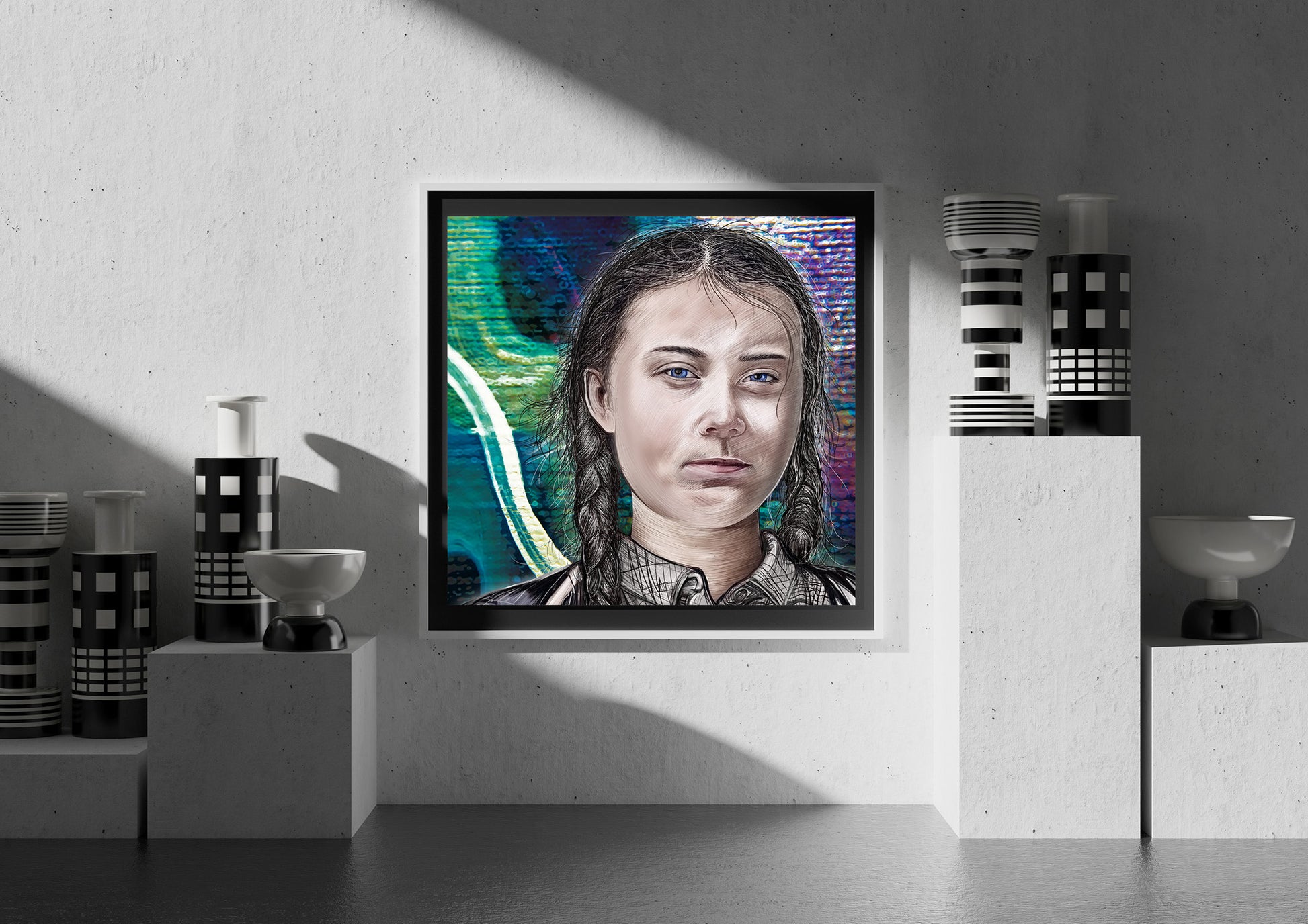 A framed portrait print of a young woman with braided hair, displayed on a textured gray wall in a styled interior setting with decorative vases and pedestal props.  Greta Thunberg by Doug LaRue
