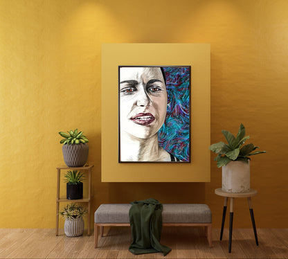 A framed vertical portrait painting of a woman hangs on a textured mustard yellow wall in a styled room setting with a bench, side tables, and potted plants. Emma Gonzales by Doug LaRue