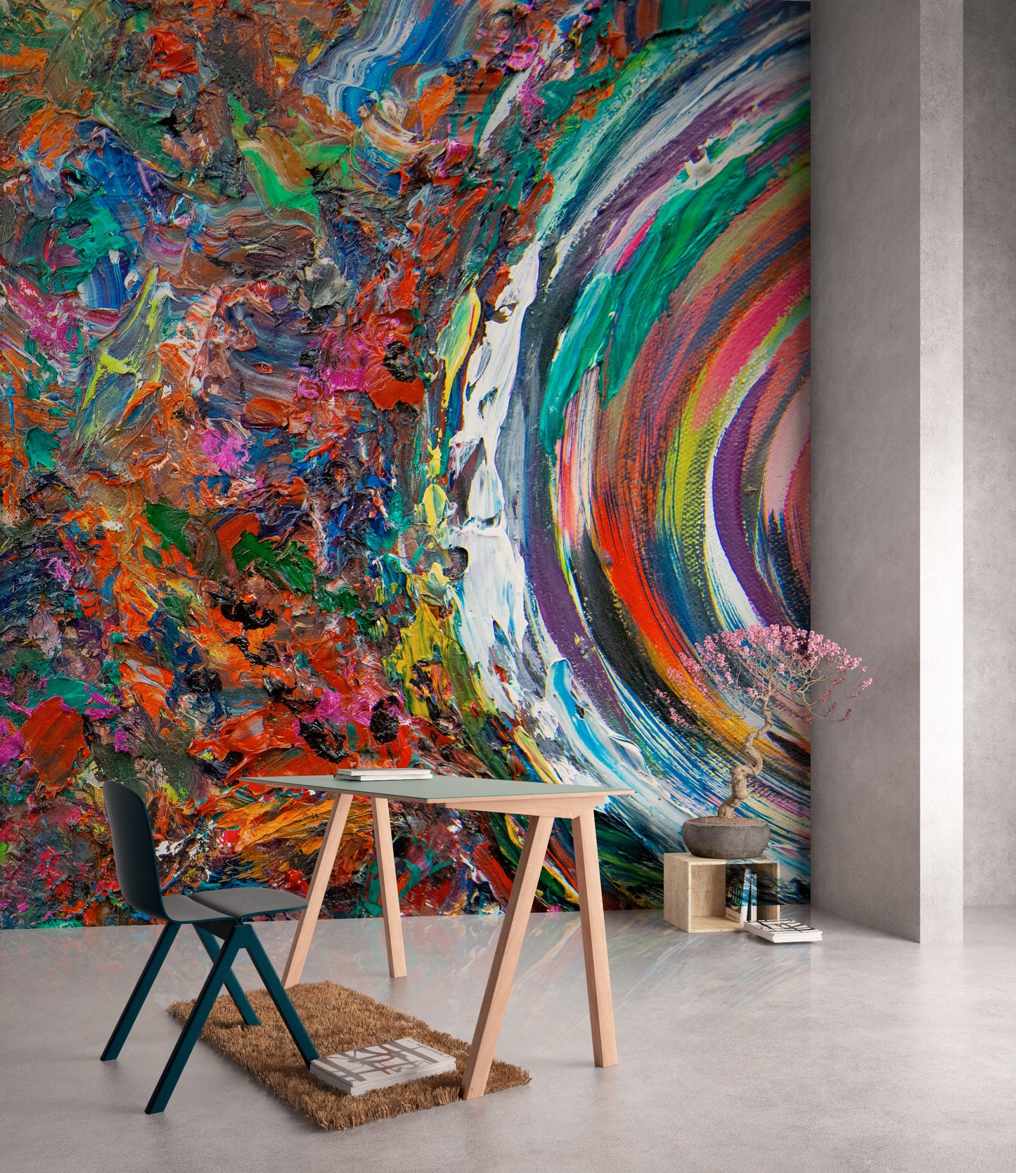 Colorful abstract wall mural in a room with a wooden table and chair. Entanglement by Doug LaRue