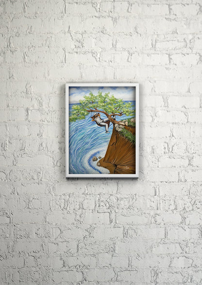 Extreme Relaxation 18x24 in. oil painting in a white wood frame on a white brick wall by Doug LaRue