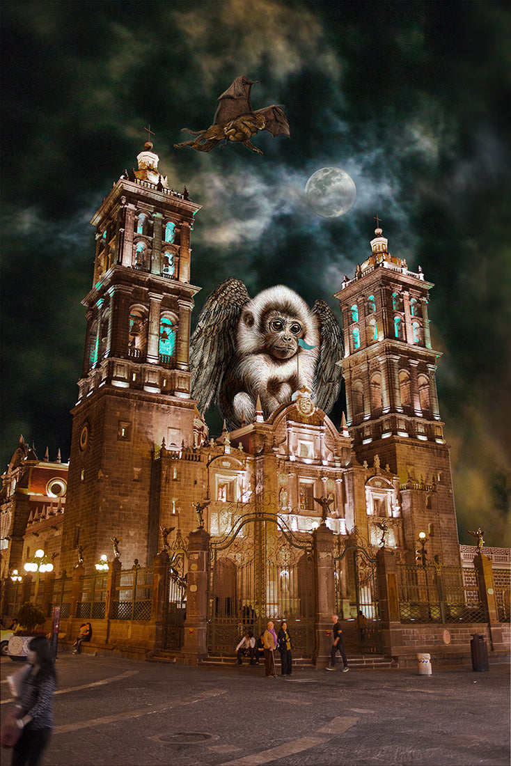 Stylized image of a cathedral with a monkey on top, under a dark sky. Flying Monkeys of Puebla bye Doug LaRue
