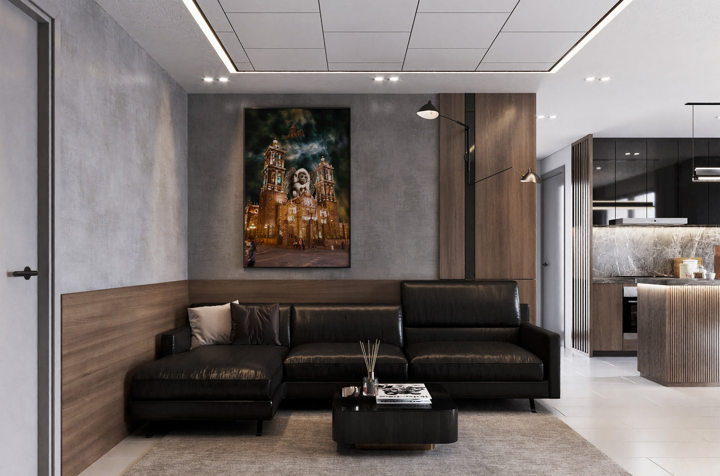 Modern living room with a black leather sectional sofa, coffee table, and artwork on the wall. Flying Monkeys of Puebla bye Doug LaRue