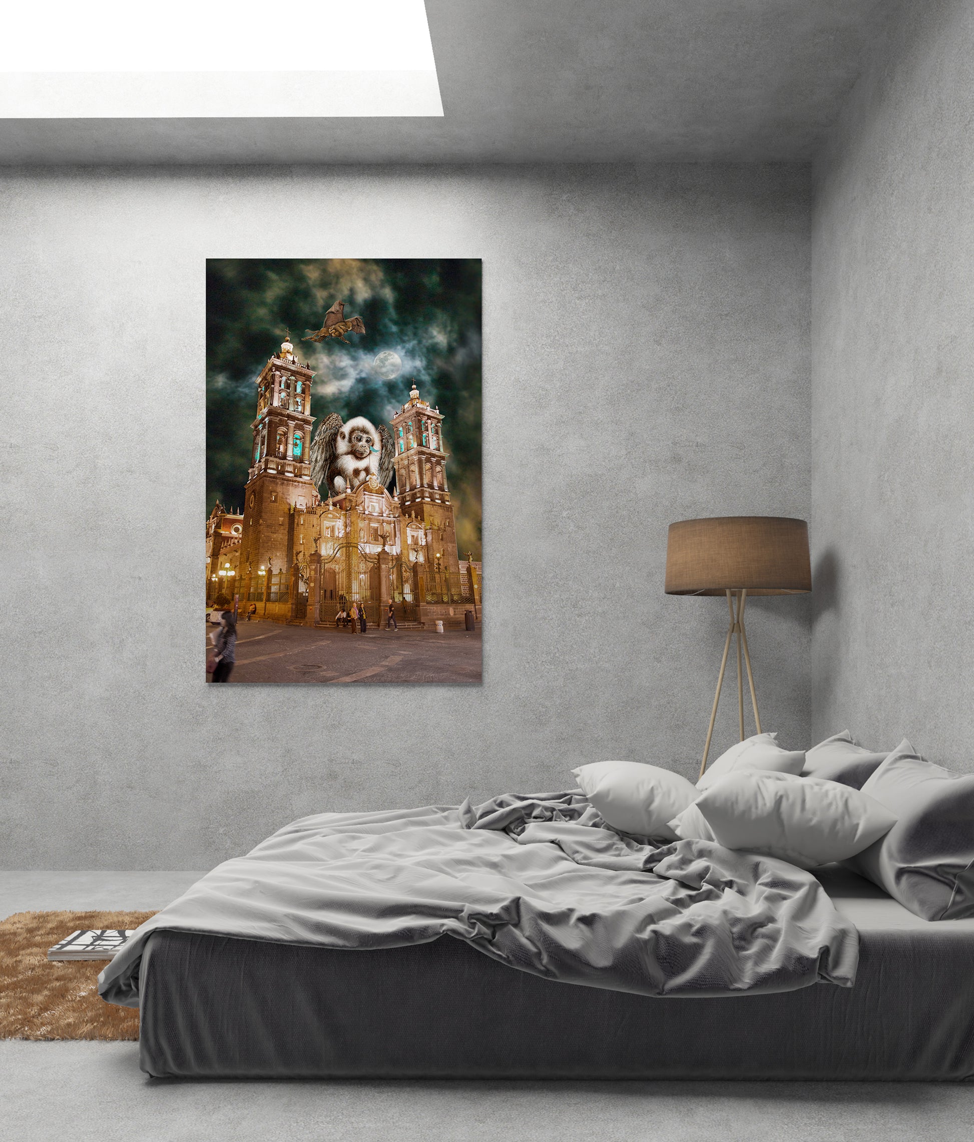 Bedroom with a large painting of a lion on a castle wall above a bed. Flying Monkeys of Puebla bye Doug LaRue