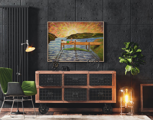 Gator Bay oil painting by Doug LaRue on a dark grey wall