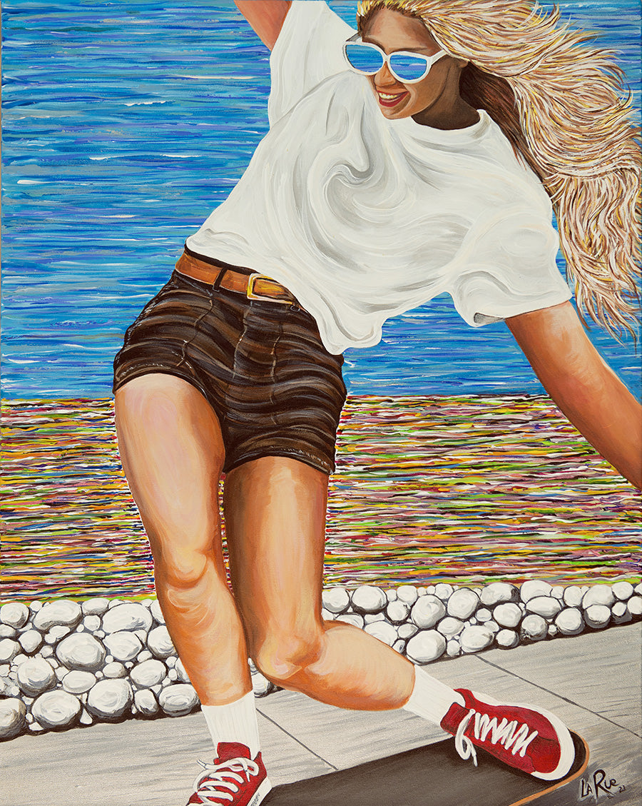 Woman skateboarding by a colorful beach scene Girls Like You is an acrylic painting by Doug LaRue • Woman skateboarding on a wooden deck with a colorful abstract oceanside beach path