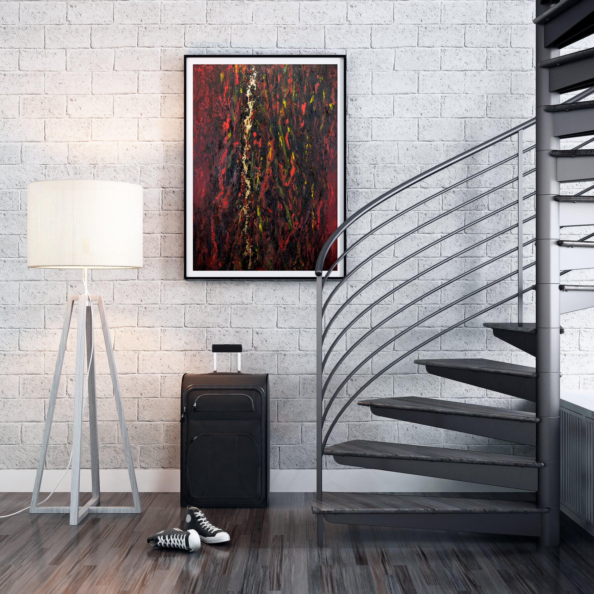 Modern interior with a spiral staircase, black suitcase, and abstract painting on a white brick wall. Vein of Gold Oil Painting hanging in on a white brick wall in a loft.