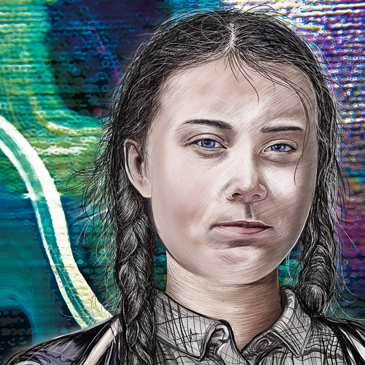 A stylized digital portrait of a young woman with braided dark hair, blue eyes, and a neutral expression, set against a colorful abstract background with teal, purple, and blue tones. Greta Thunberg by Doug LaRue