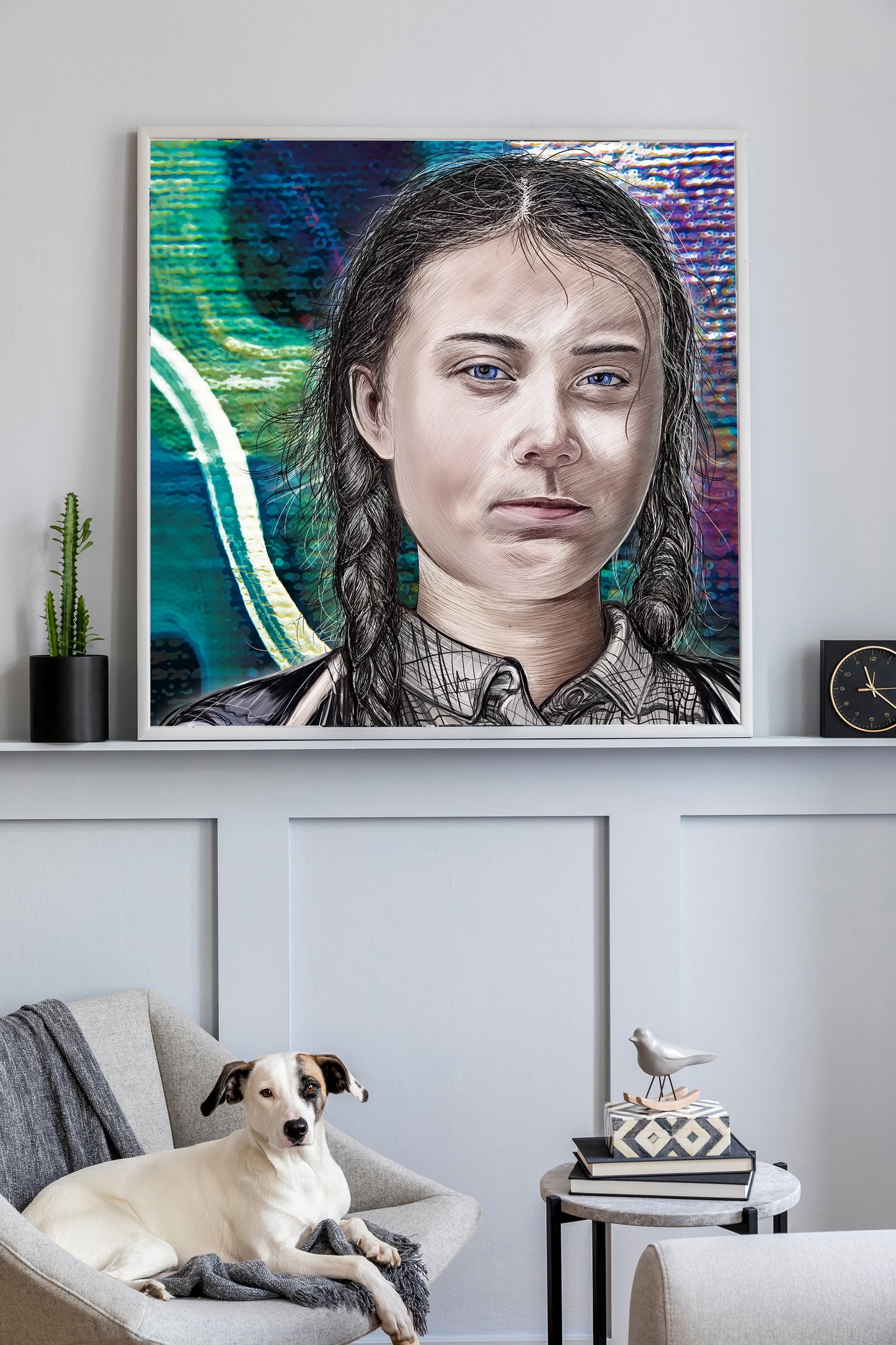 A framed canvas art print featuring a realistic painted portrait of a young woman with braided hair, displayed on a shelf in a living room setting above a chair with a dog.  Greta Thunberg by Doug LaRue