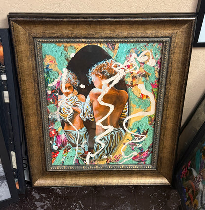 Framed artwork with abstract design and figures on a colorful background. Hyde Park Portal Surfer by Doug LaRue
