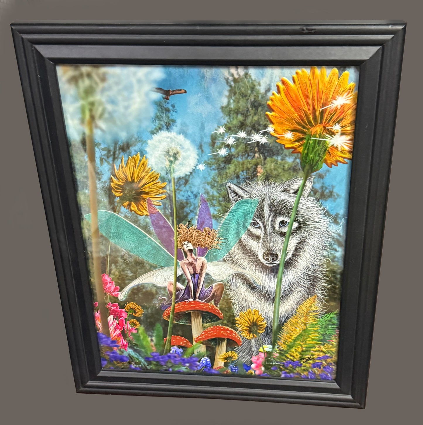 Framed artwork of a wolf surrounded by flowers and fairies in a fantasy setting. Fairy Ring Security by Doug LaRue