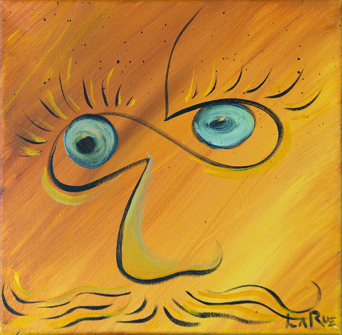 Abstract painting of a stylized face with large blue eyes, black linework, and yellow and orange brushstrokes on a square canvas.  Infinite Eyes #1 by Doug LaRue