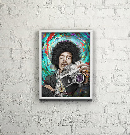Jimi Hendrix F Photomic mixed media art by Doug LaRue in a white wood frame on a white brick wall
