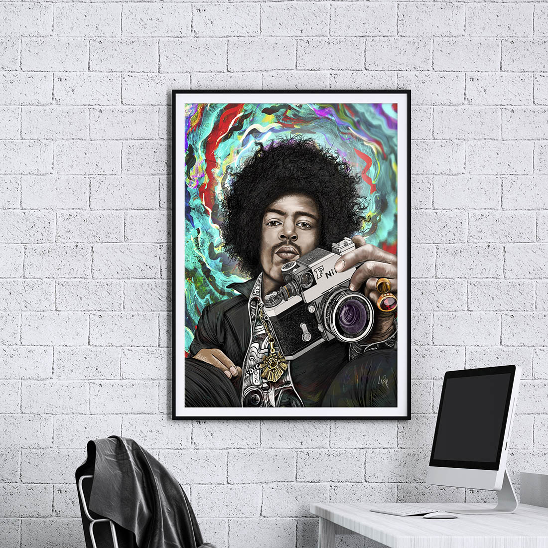 Jimi Hendrix F Photomic mixed media art by Doug LaRue in a black metal frame on a white brick wall
