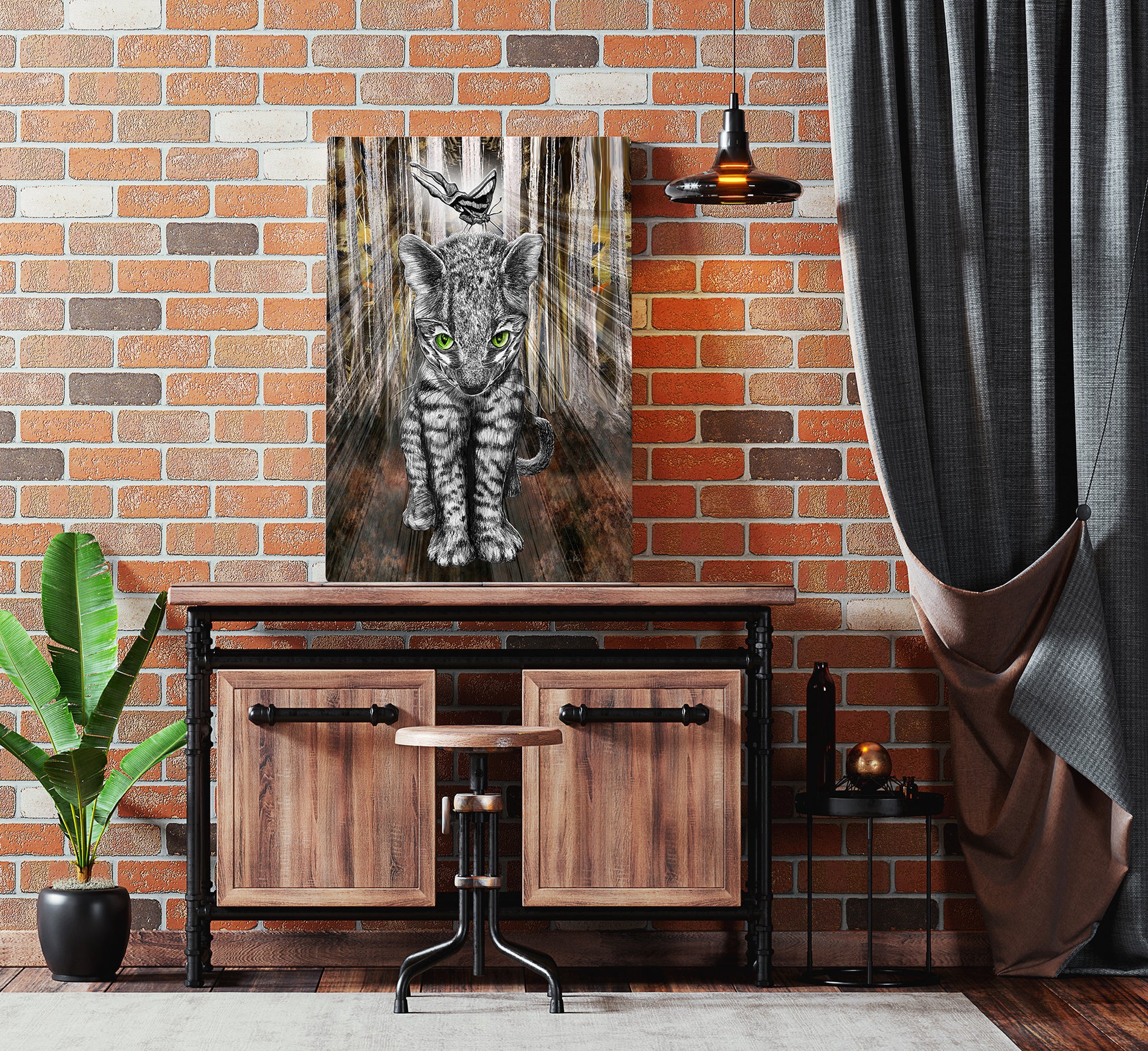Room interior with a wooden cabinet, plant, and wall art of a cat. Jungle Kitty's Shiny New Friend mixed media art by Doug LaRue