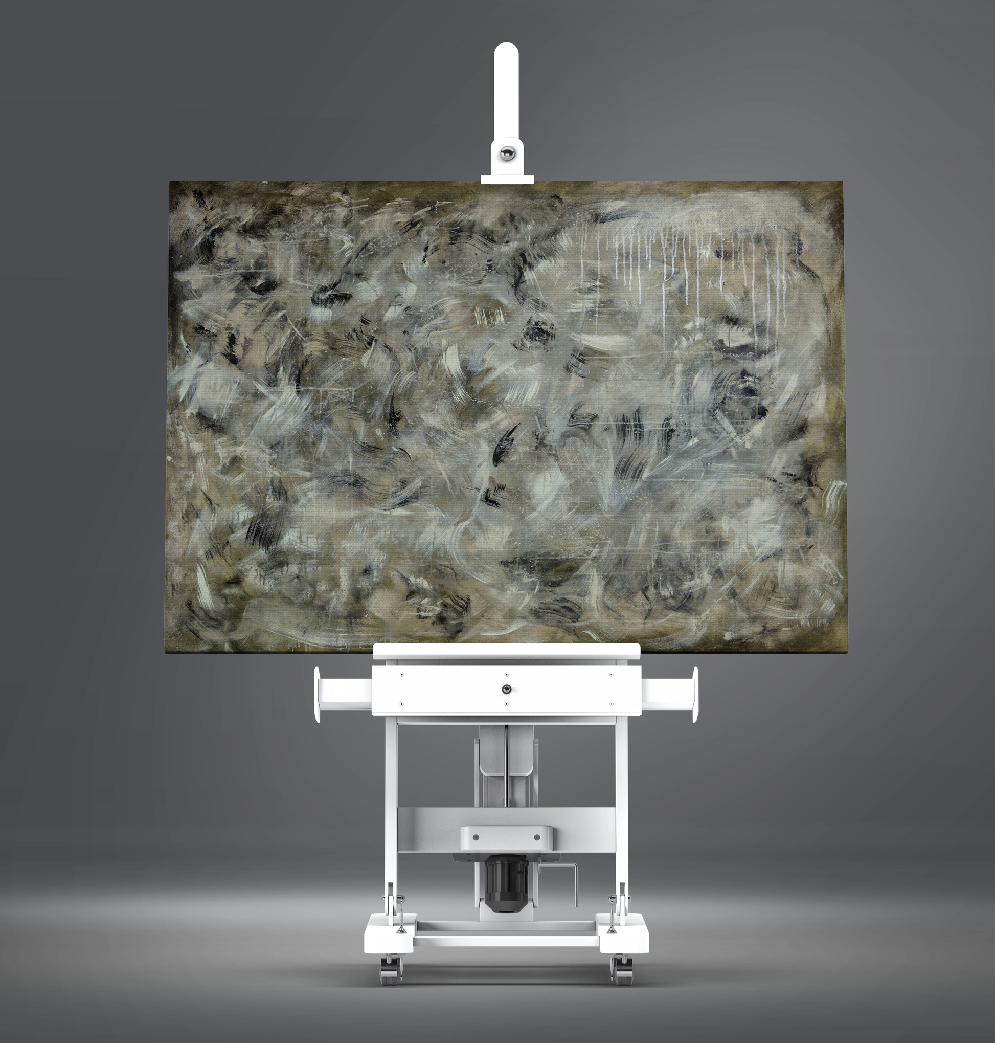 Khaki abstract painting on canvas by Doug LaRue on an easel