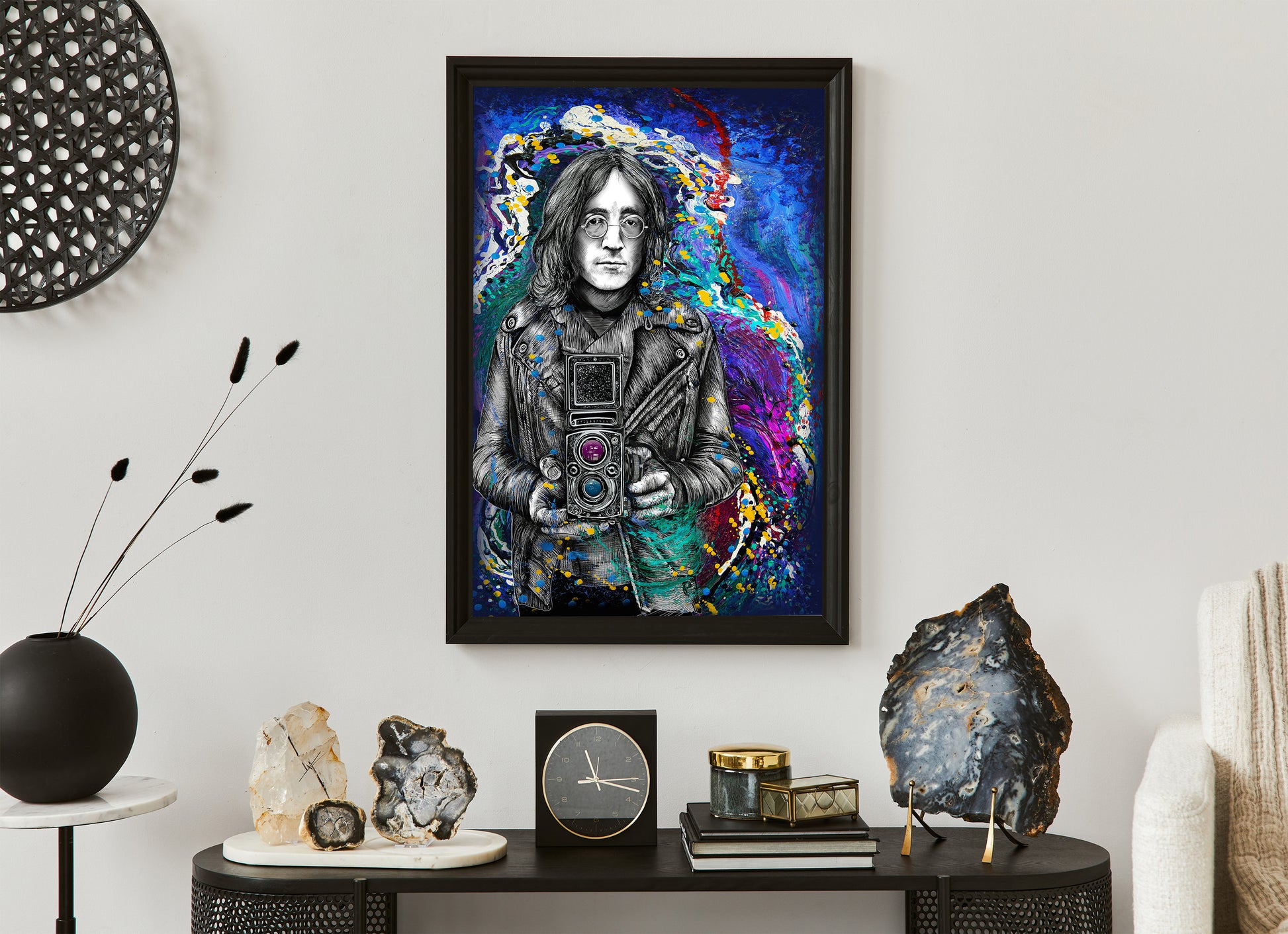 John Lennon Embraced by Doug LaRue on a wall in a study