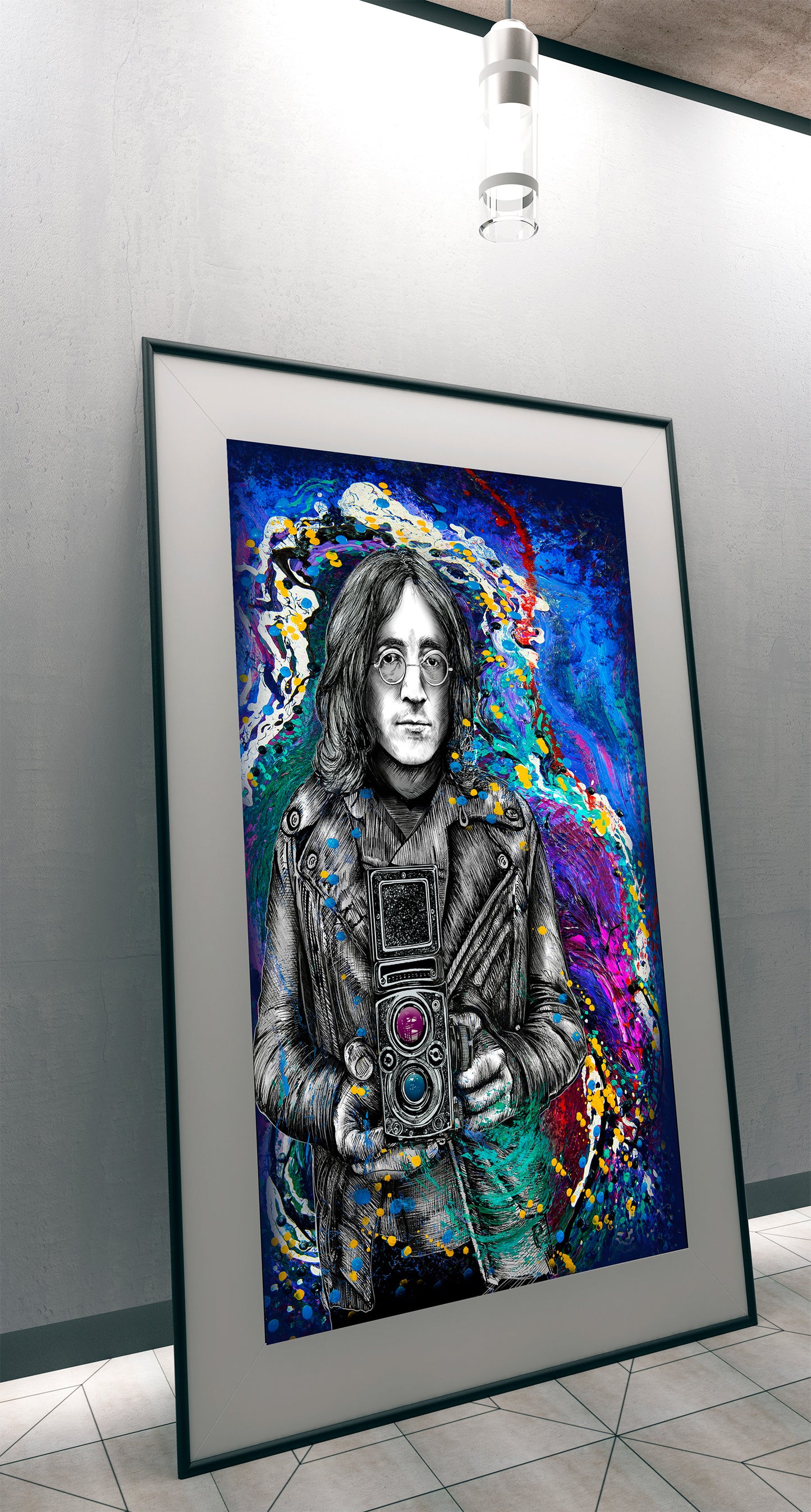 John Lennon Embraced by Doug LaRue leaning on a gallery wall