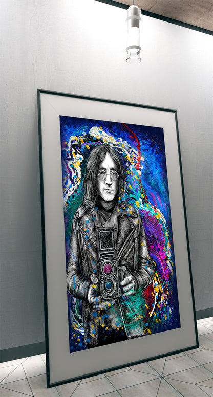 John Lennon Embraced by Doug LaRue leaning on a gallery wall