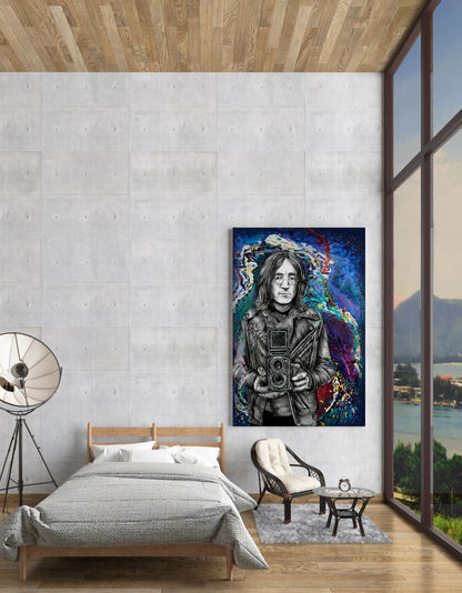 Modern bedroom with a large abstract painting on the wall called John Lennon Twin Lens by Doug LaRue
