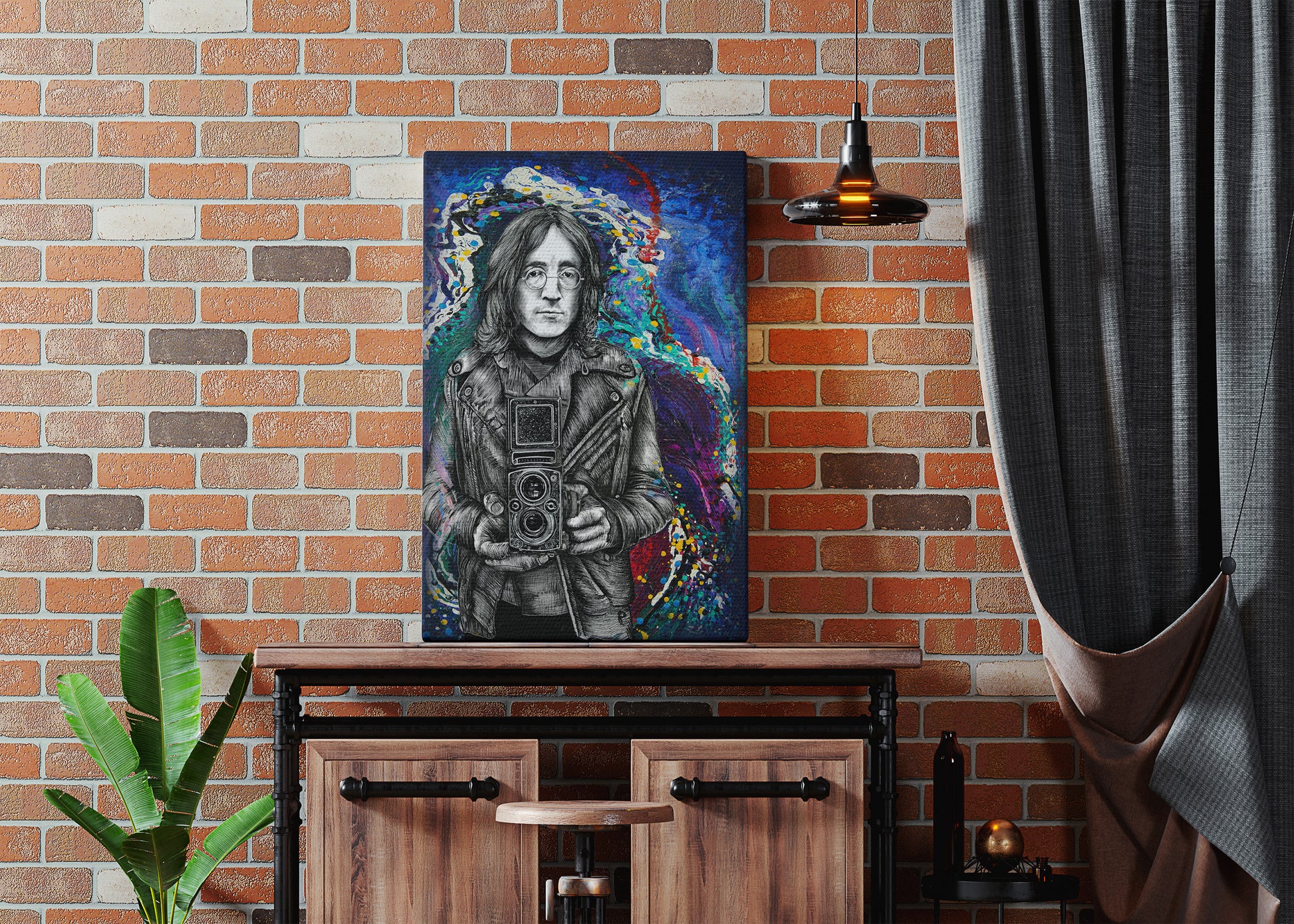 Artistic portrait of a person on a wall above a wooden cabinet with a plant and curtain in the foreground. John Lennon Twin Lens by Doug LaRue