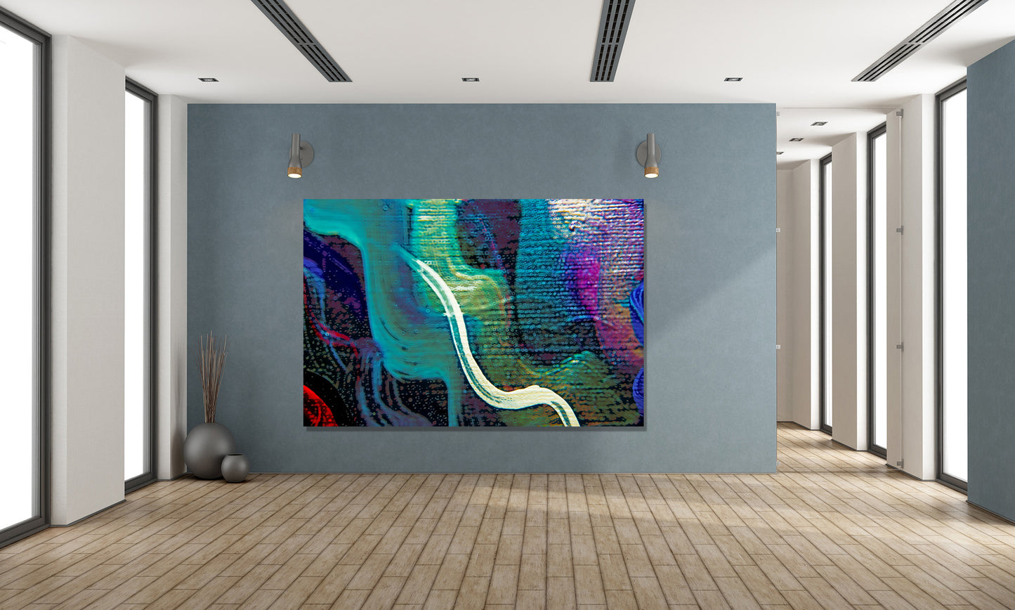 An abstract canvas painting with vibrant teal, purple, blue, and white brushstrokes, displayed on a slate blue wall in a modern gallery room with light wood floors.  Lost Creek art by Doug LaRue