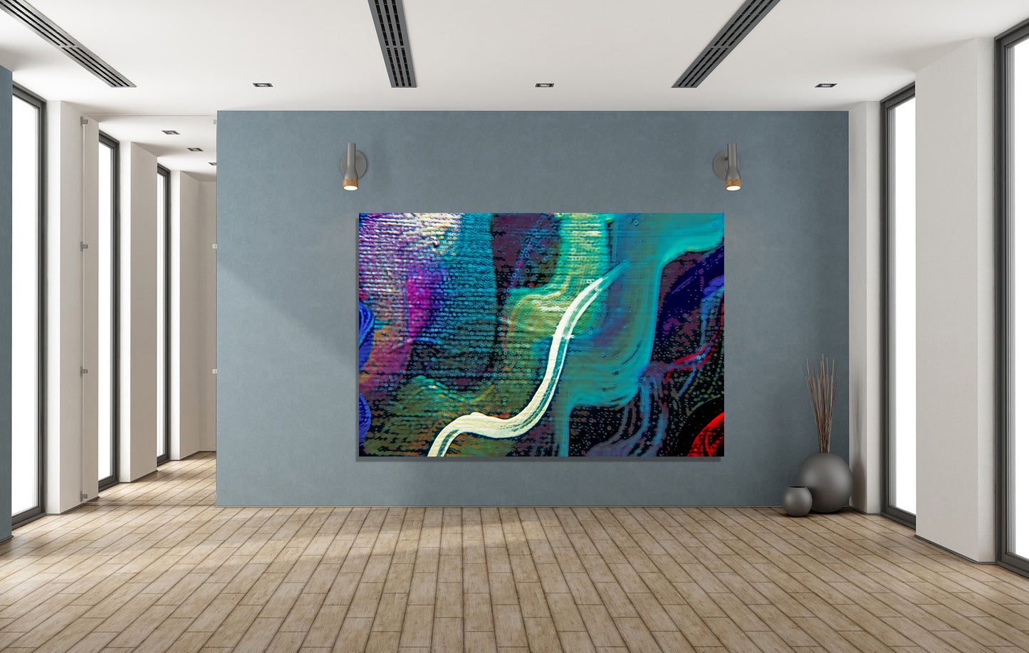 A large abstract canvas painting with vibrant teal, purple, blue, and white, displayed on a slate blue-gray wall in a modern gallery room with light wood floors. Lost Creek Feather art by Doug LaRue