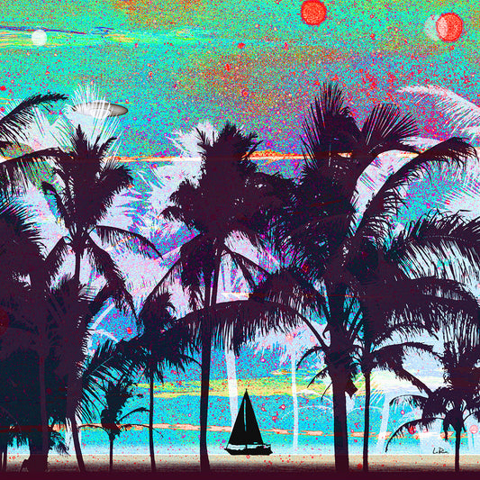 A colorful, stylized tropical beach scene with silhouetted palm trees, a small sailboat on the water, and abstract sun or moon shapes in a psychedelic, high-contrast palette.