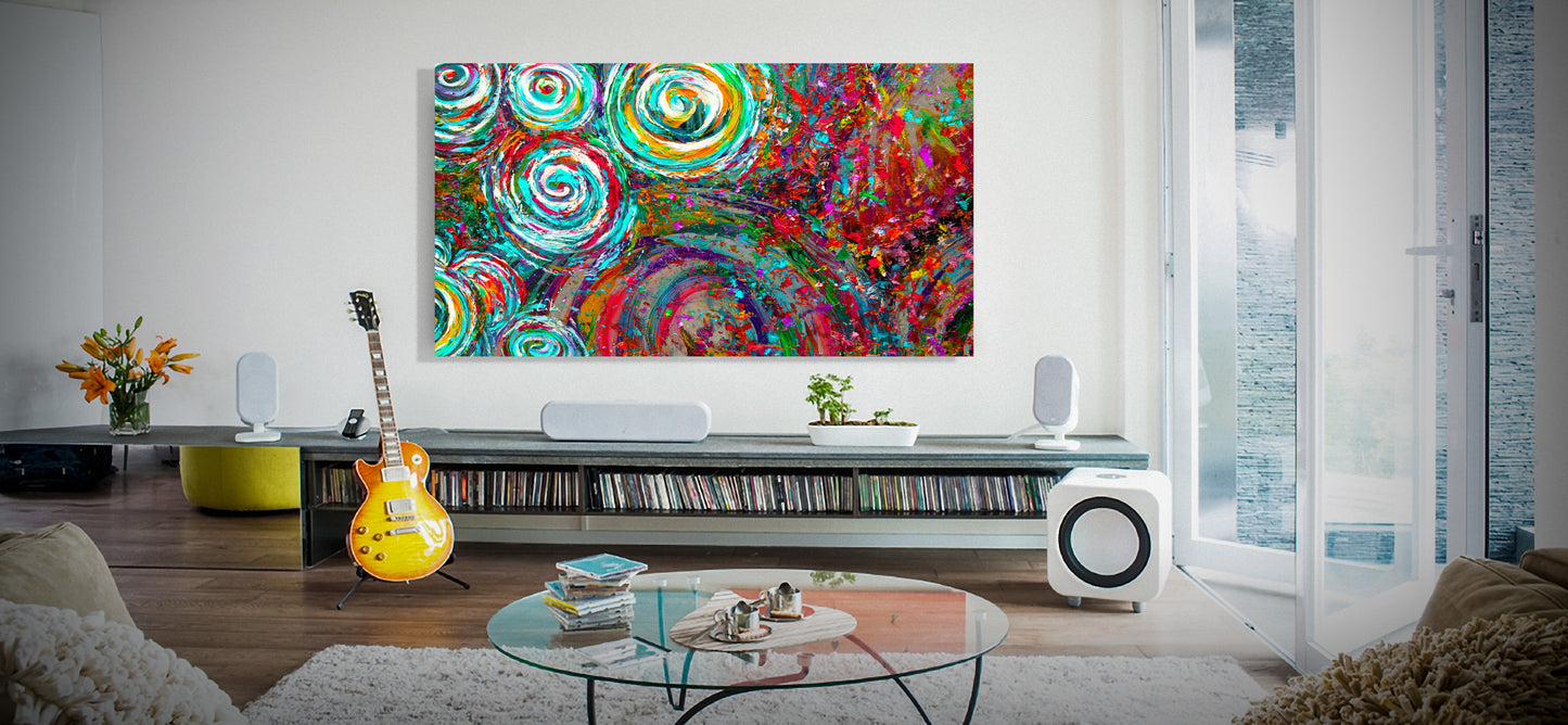 Living room with a colorful abstract painting on the wall, guitar, and glass coffee table.  Millwood Drumkit by Doug LaRue