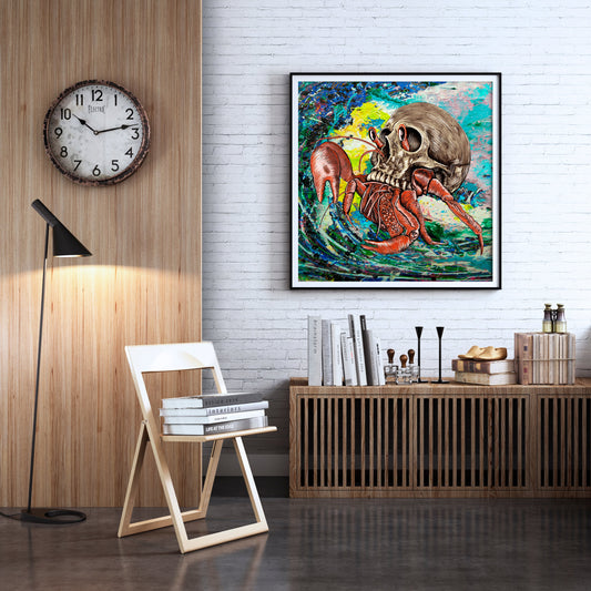 Skull Crab mixed media art by Doug LaRue framed on a white brick wall in a study