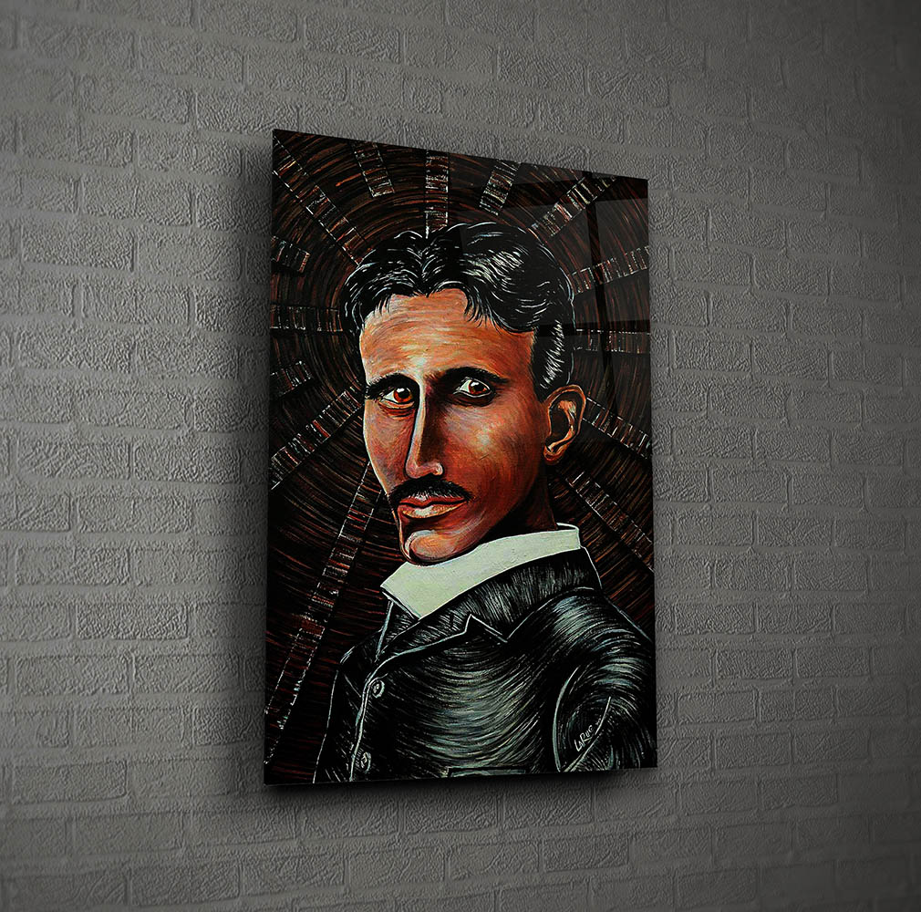 Nikola Tesla portrait painting by Doug LaRue on a white brick wall