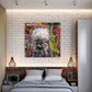Warhol NYC mixed media metallic print over a bed on a white brick wall