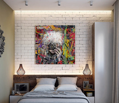 Warhol NYC mixed media metallic print over a bed on a white brick wall