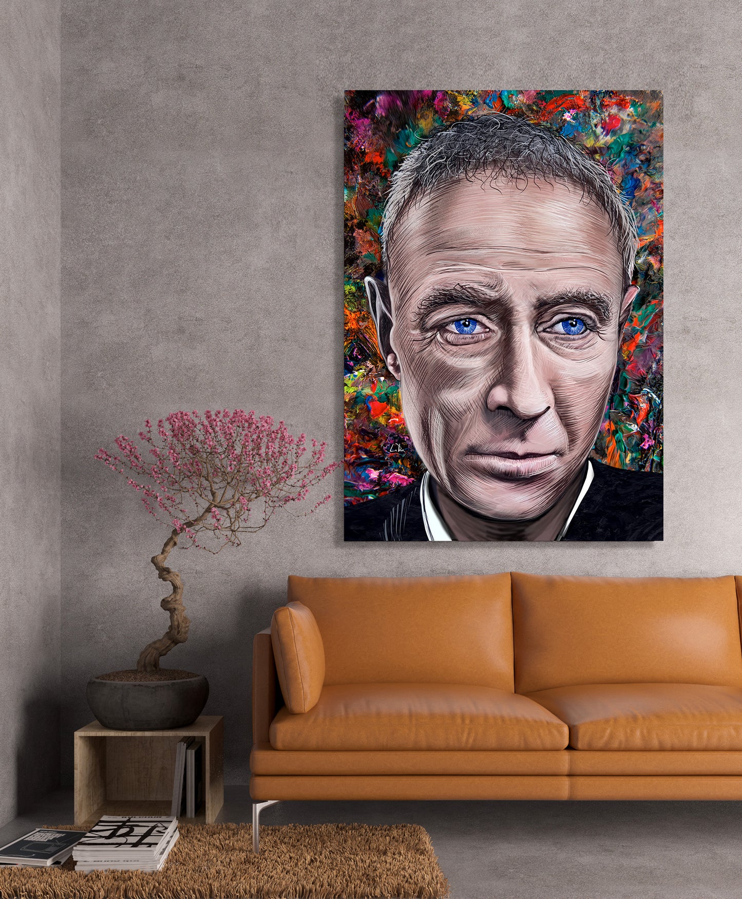 Colorful abstract painting of a man's face on a wall above an orange sofa. Oppenheimer's Eyes mixed media by Doug LaRue large print on wall
