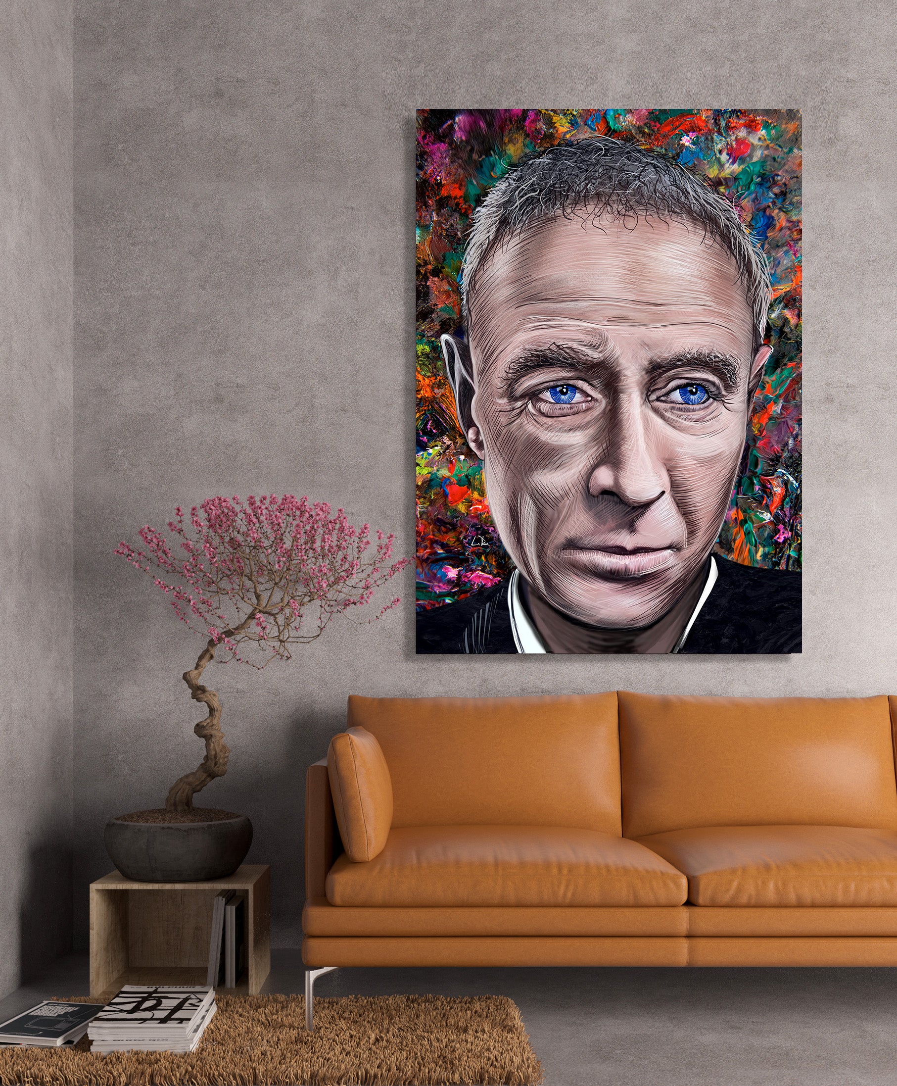 Colorful abstract painting of a man's face on a wall above an orange sofa. Oppenheimer's Eyes mixed media by Doug LaRue large print on wall