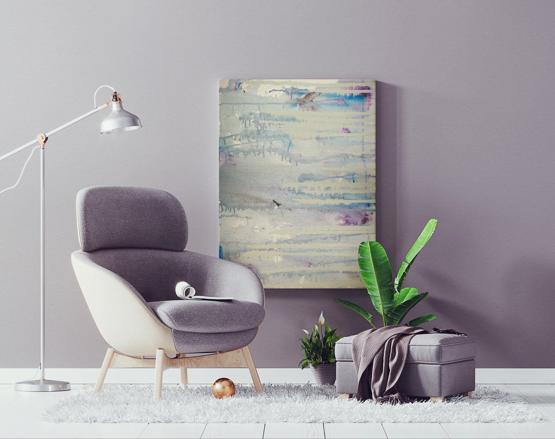 Pale Aquatic 24x20x1.5 in. abstract canvas by Doug LaRue on a wall next to a modern chair and plant