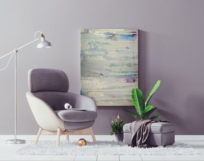 Pale Aquatic 24x20x1.5 in. abstract canvas by Doug LaRue on a wall next to a modern chair and plant