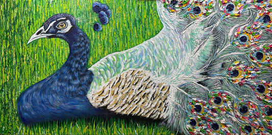 Frida Kahlo's Peacock art by Doug LaRue with vibrant tail feathers on a grassy background