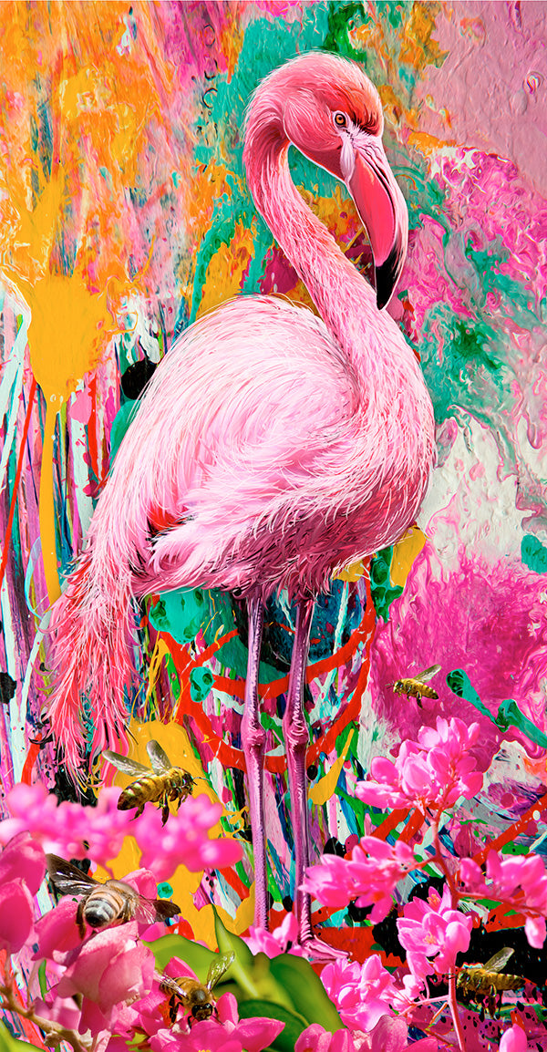 Colorful painting of a pink flamingo with abstract background. Pink Flamingo by Doug LaRue