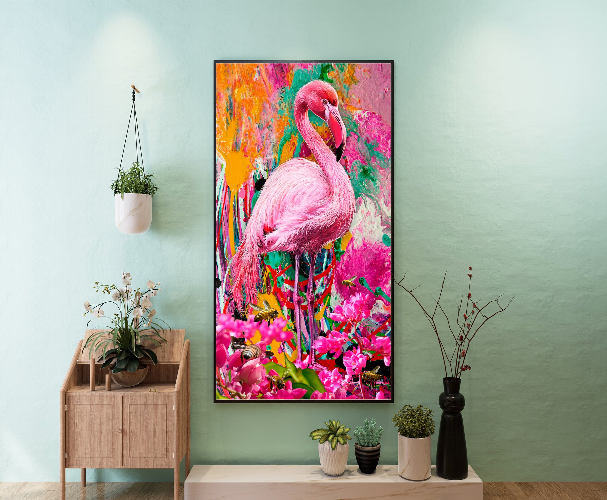 Colorful flamingo painting on a wall with decorative plants and furniture.  Pink Flamingo by Doug LaRue