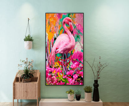 Colorful flamingo painting on a wall with decorative plants and furniture.  Pink Flamingo by Doug LaRue