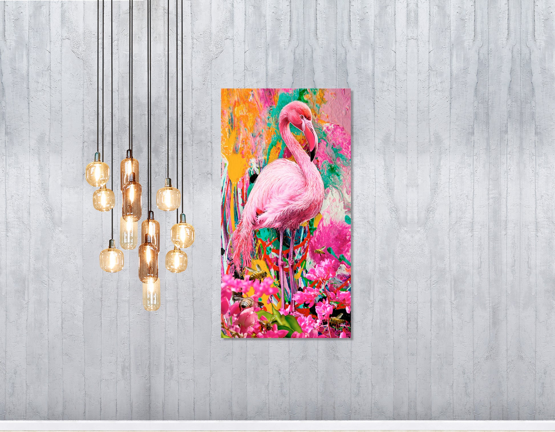 Colorful flamingo painting on a gray wall with hanging light fixtures.   Pink Flamingo by Doug LaRue