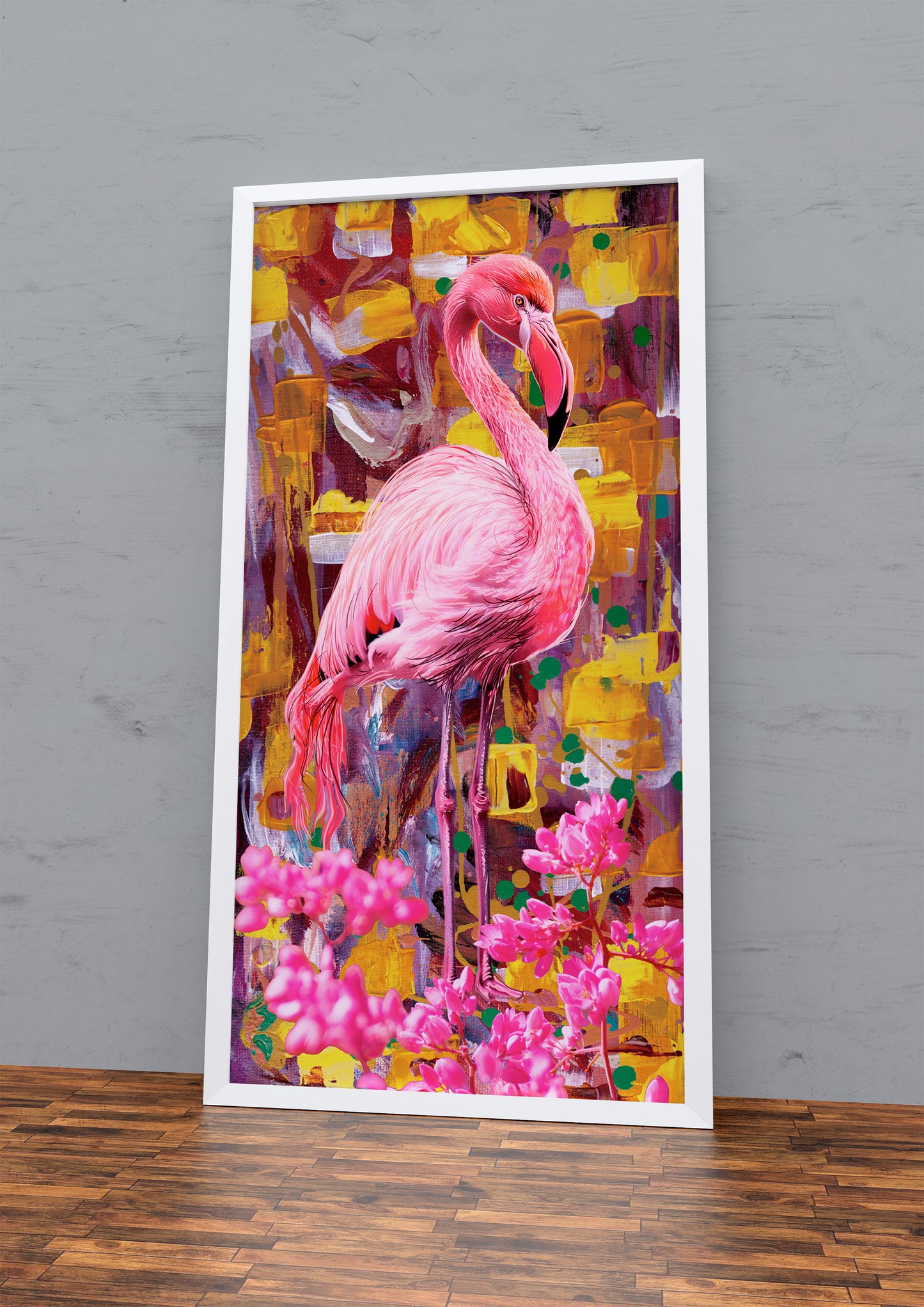 Pink Flamingo Cubist by Doug LaRue in a white custom frame leaning against a grey wall
