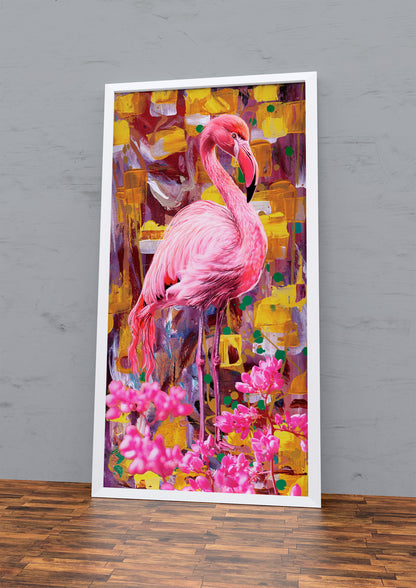 Pink Flamingo Cubist by Doug LaRue in a white custom frame leaning against a grey wall