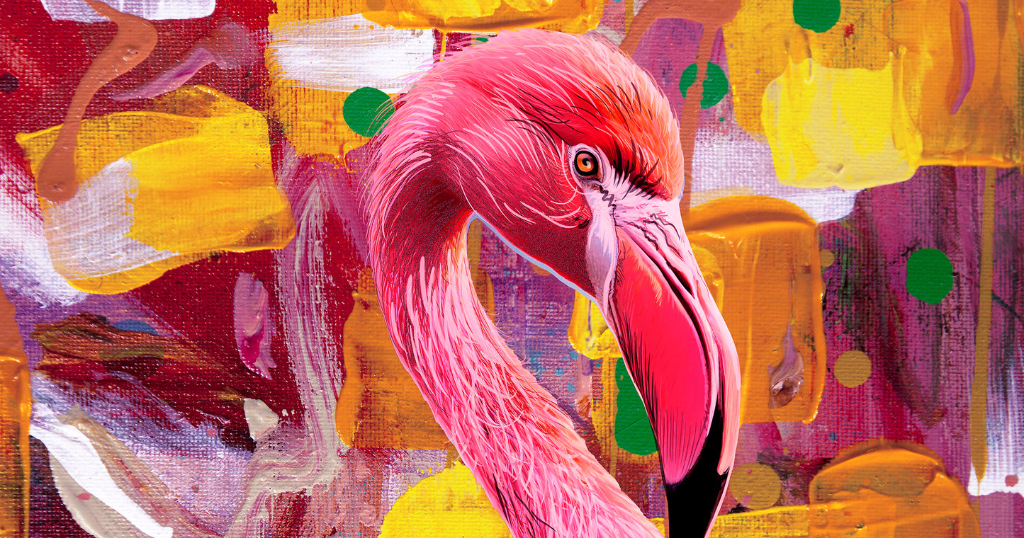 Colorful abstract painting with a pink flamingo-like bird. Pink Flamingo Cubistt Detail