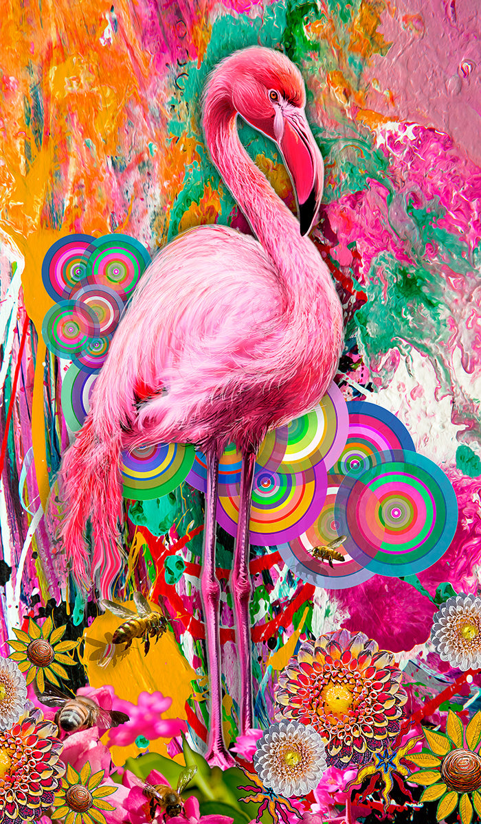 A vibrant, colorful digital art print featuring a pink flamingo standing amidst a highly detailed, psychedelic background of flowers, swirls, and abstract paint strokes.  Pink Flamingo by Doug LaRue