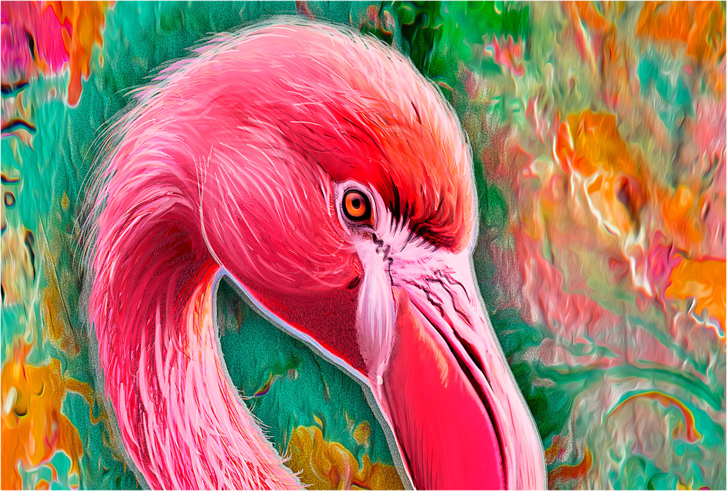 A close-up stylized portrait of a pink flamingo head against a vivid abstract background with swirling green, orange, yellow, and pink paint-like textures.
